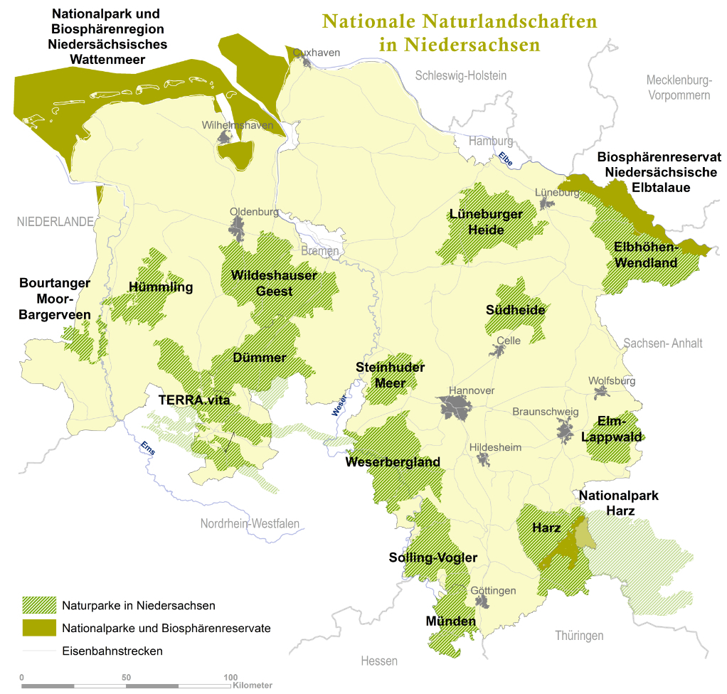 Landkarte Niedersachsens mit den Nationalparks, Biosphärenreservaten und Naturparken