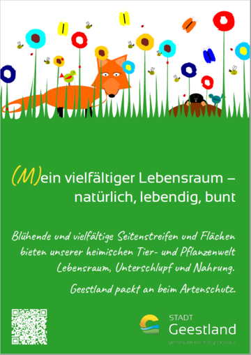 Poster Aufschrift: Geestland (M)ein vielfältiger Lebensraum, Bild: gemalter Fuchs in Blumenwiese