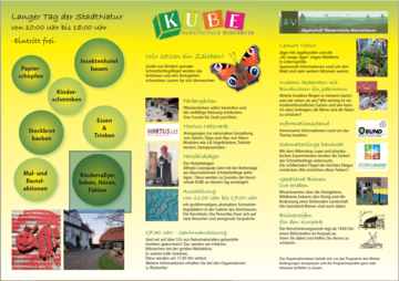 Flyer ,,Lange nacht der StadtNatur'' mit verschiedenen Veranstaltungen zum Naturschutz und Spaß-Programm wie Kinderschminken