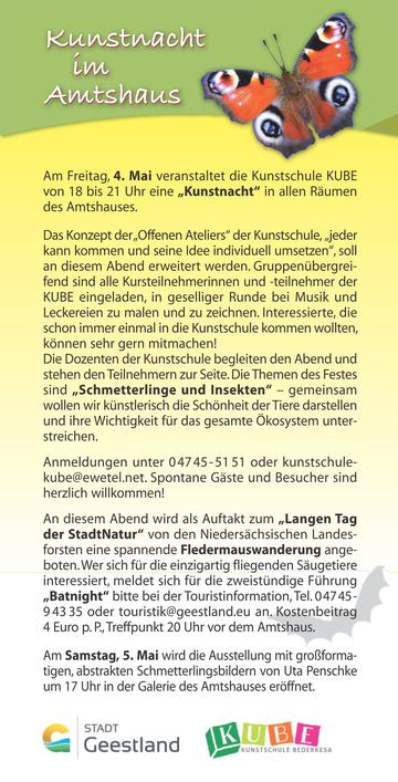 Flyer ,,Kunstnacht im Amtshaus'' Thema des Abends ist Schmetterlinge und Insekten, gemeinsam soll die künstlerische Schönheit der tiere dargestellt werden