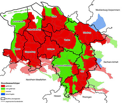 Abbildung 1: Bestandsaufnahme des chemischen Zustandes 2005: Risikoabschätzung zur Erreichung bzw. Einhaltung des guten chemischen Zustands in 2015.