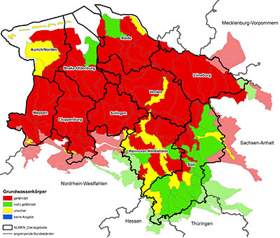 Abbildung 2: Bestandsaufnahme des chemischen Zustandes 2013. Risikoabschätzung zur Erreichung bzw. Einhaltung des guten chemischen Zustands in 2021.