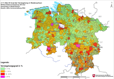 Karte: Grad der Versiegelung in Niedersachsen