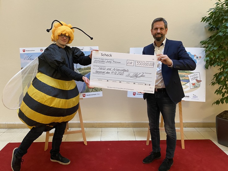 Minister Olaf Lies übergibt einen Scheck über 350 Mio. Euro an eine Biene