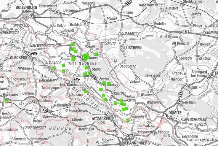 Gemeldete Nutztierrissereignisse im Bereich Amt Neuhaus in 2021; Quelle: Niedersächsische Umweltkarten