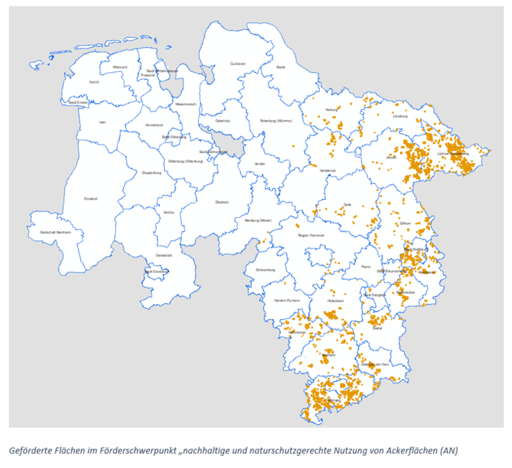 Geförderte Flächen im Förderschwerpunkt "nachhaltige und naturschutzgerechte Nutzung von Ackerflächen" (AN)