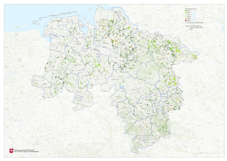 Niedersachsenkarte mit eingezeichneter Flächenbewertung für potenzielle Windenergieflächen