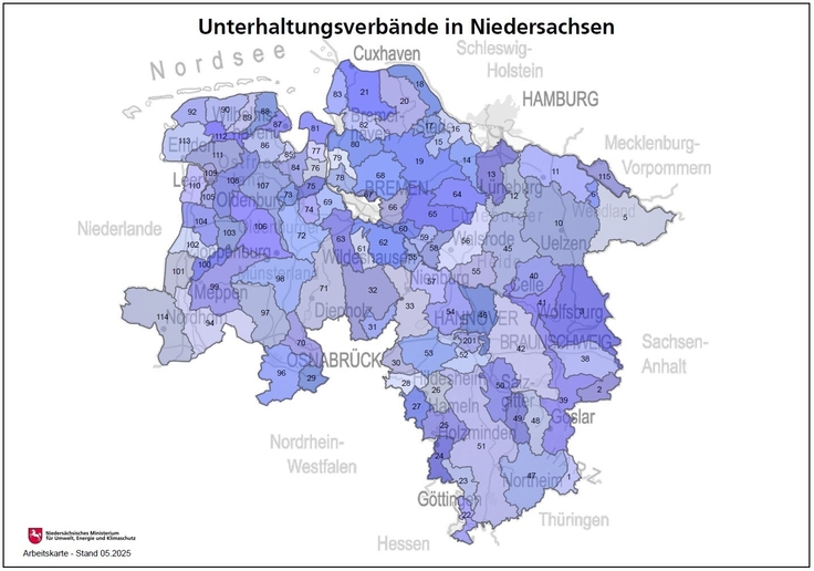 Eine Karte Niedersachsens. Die Unterhaltungsverbände sind in verschiedenen Violett- und Blautönen markiert.