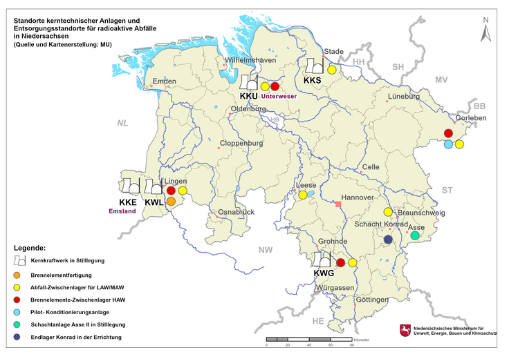 Es werden die Standorte von kerntechnischen Anlagen und Entsorgungseinrichtungen in Niedersachsen dargestellt.