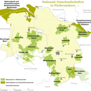 Landkarte Niedersachsens mit den Nationalparks, Biosphärenreservaten und Naturparken