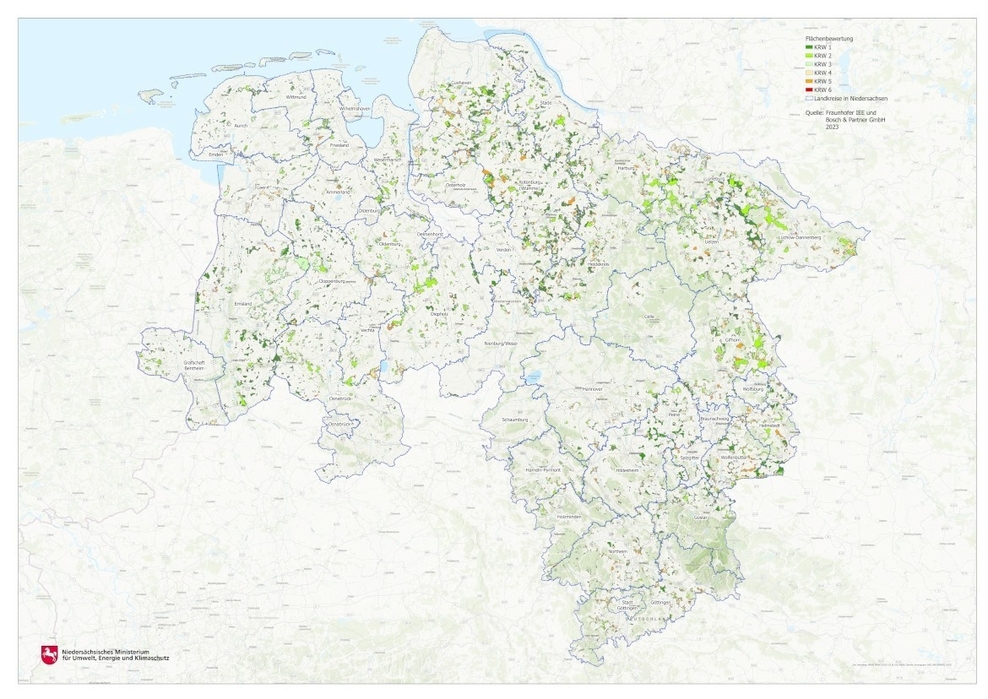 Niedersachsenkarte mit eingezeichneter Flächenbewertung für potenzielle Windenergieflächen