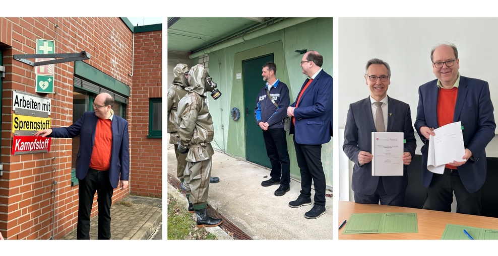 Zu sehen ist eine 3er Bildcollage. Minister Meyer vor einem Schild das vor Sprengstoff warnt, Meyer mit Personal in ABC Anzügen, Meyer mit Landrat und Förderbescheid.