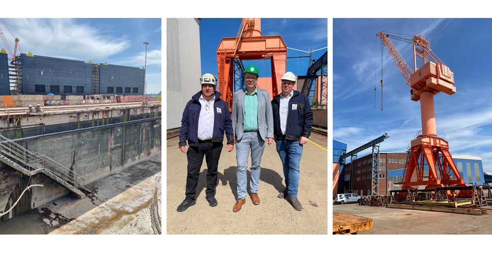 Collage aus drei Bildern. Bild 1: Kai zum Abwracken. Bild 2: 3 Männer mit Bauhelmen - in der Mitte Minister Meyer - im Hafen. Bild 3: Kran am Hafen.