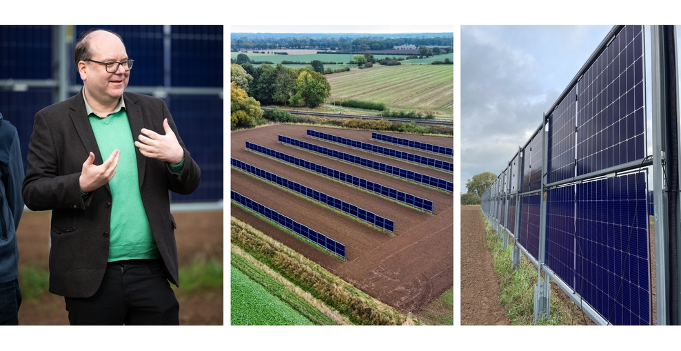 Collage aus drei Bildern. Minister Meyer steht vor den Solar Modulen und gestikuliert. Drohnen Aufnahme der Module. Module von nah.