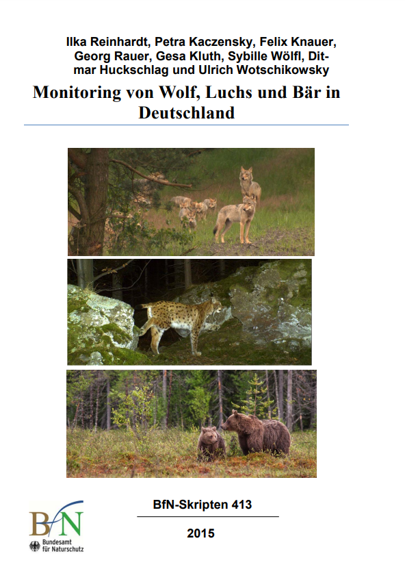 Deckblatt der Veröffentlichung "Monitoring von Wolf, Luchs und Bär in Deutschland"